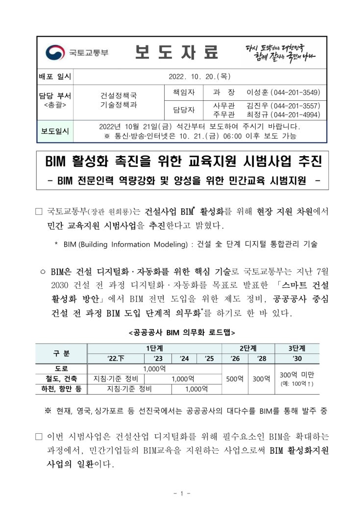 BIM 활성화 촉진을 위한 교육지원 시범사업 추진(국토교통부) BIM 활성화 촉진을 위한 교육지원 시범사업 추진(국토교통부)