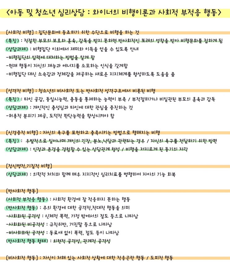  [전문상담] 아동 및 청소년 심리상담 : 와이너의 비행이론과 사회적 부적응 행동 요점정리