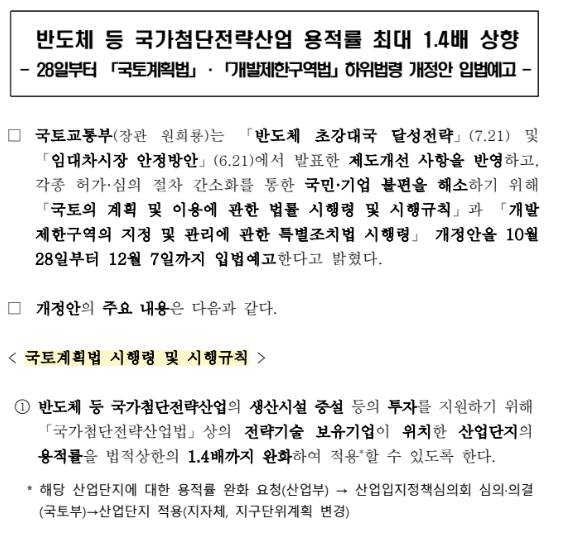 반도체 등 국가첨단전략산업 용적률 최대 1.4배 상향 반도체 등 국가첨단전략산업 용적률 최대 1.4배 상향