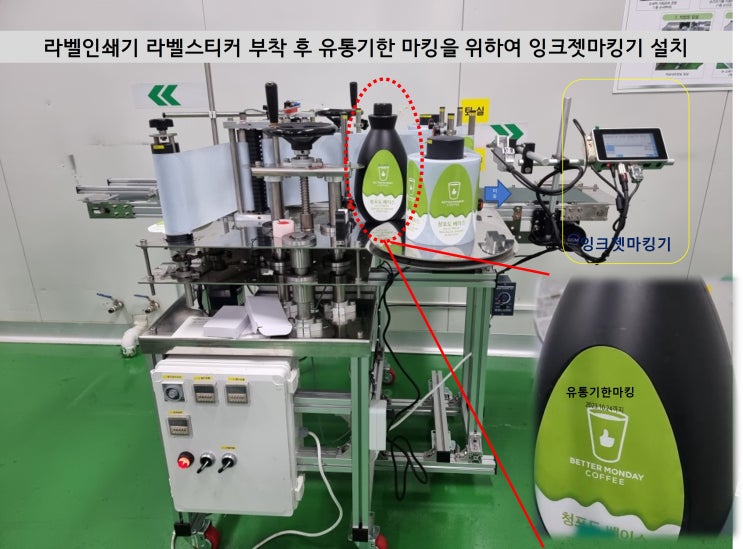  라벨스티커 부착 후 유통기한마킹(날인)_라벨인쇄기에 잉크젯마킹기 설치
