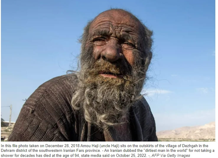 '세계에서 가장 더러운 남자' 94세에 사망..."60년 만 첫 목욕 후"