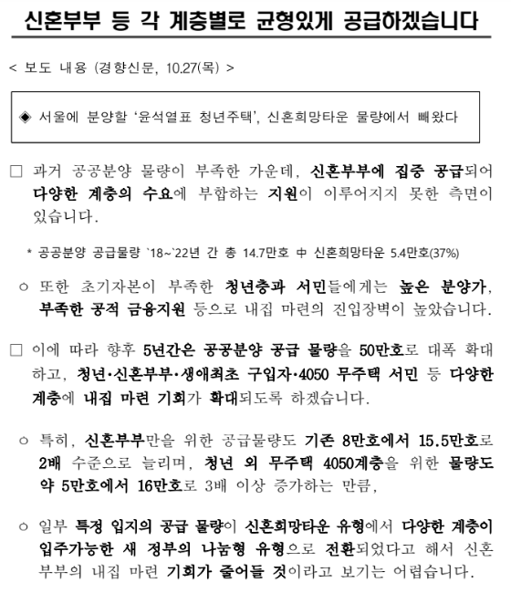 신혼부부 등 각 계층별로 균형있게 공급하겠습니다_국토교통부