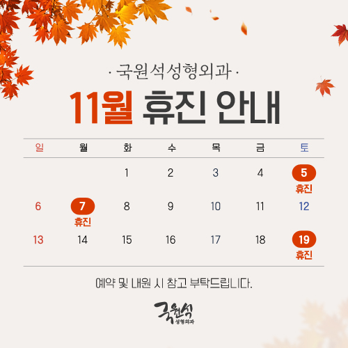  국원석성형외과 11월 휴진 안내드립니다.