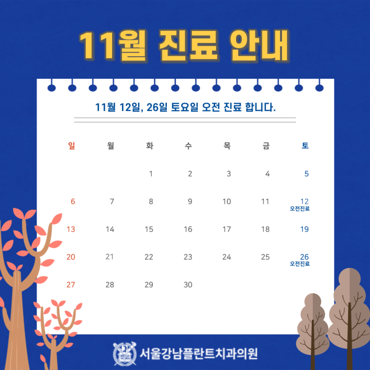 [서울강남플란트치과] 11월 진료일정 안내 (feat.토요일 진료)