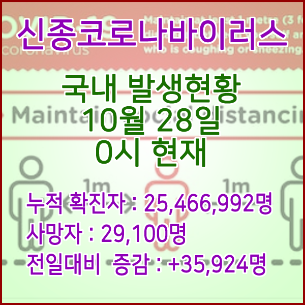  코로나19(코로나바이러스) 10월 28일 0시 신규확진자 35,924명 / 사망자 29,100명