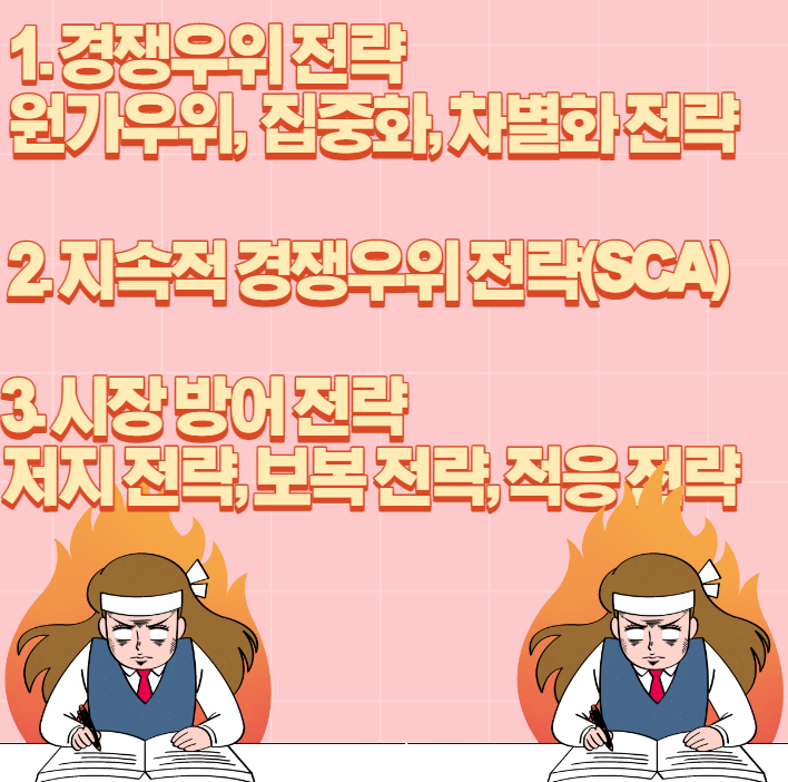  경쟁우위 전략, 원가우위 전략, 집중화 전략, 차별화 전략, 지속적 경쟁우위 전략(SCA), 시장방어 전략, 저지 전략, 보복 전략, 적응 전략