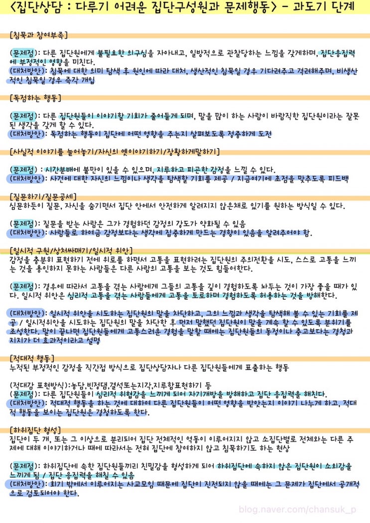  [전문상담] 집단상담 : 집단의 과도기단계 - 다루기 어려운 집단구성원과 문제행동 요점정리