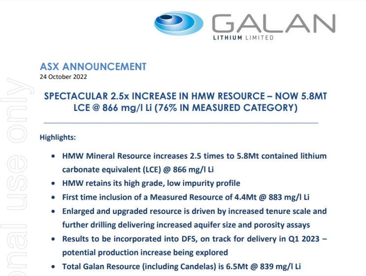 호주 리튬 탐사 회사 Galan Lithium, 아르헨티나 HMW 프로젝트 매장량 업데이트