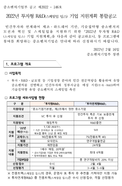 2022년 6차 투자형 R&D(스케일업 팁스) 기업 지원계획 통합 공고 2022년 6차 투자형 R&D(스케일업 팁스) 기업 지원계획 통합 공고