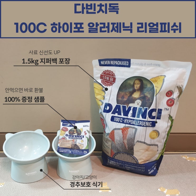 강아지 알레르기 해결 : 다빈치독 100C 하이포 알러제닉 리얼피쉬와 식기