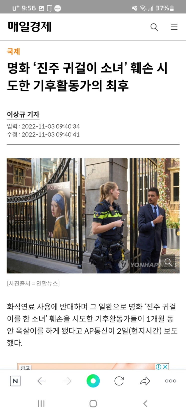  명화 ‘진주 귀걸이 소녀’ 훼손 시도한 기후활동가의 최후