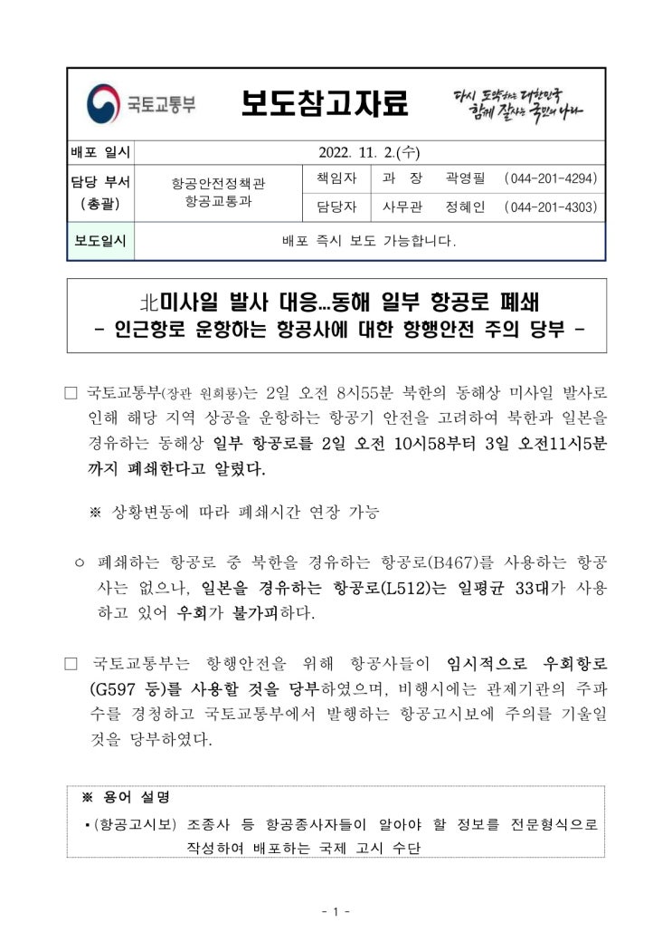 北미사일 발사 대응...동해 일부 항공로 폐쇄(국토교통부) 北미사일 발사 대응...동해 일부 항공로 폐쇄(국토교통부)