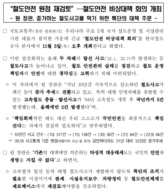 철도안전 원점 재검토… 철도안전 비상대책 회의 개최(증가하는 철도사고를 막기 위한 특단의 대책 주문)_국토교통부 철도안전 원점 재검토… 철도안전 비상대책 회의 개최(증가하는 철도사고를 막기 위한 특단의 대책 주문)_국토교통부