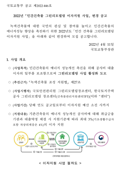 2022년 민간건축물 그린리모델링 이자지원 사업 변경 공고 2022년 민간건축물 그린리모델링 이자지원 사업 변경 공고