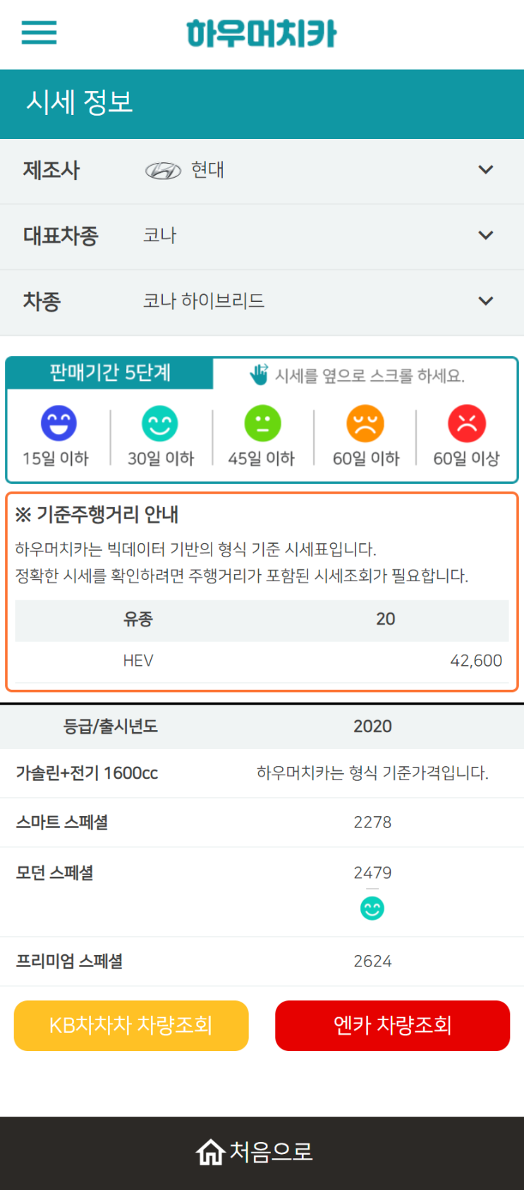 하우머치카 2022년 10월 코나 하이브리드 중고차시세.가격표