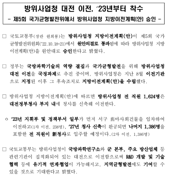 방위사업청 대전 이전, ‘23년부터 착수(제5회 국가균형발전위에서 방위사업청 지방이전계획(안) 승인) 방위사업청 대전 이전, ‘23년부터 착수(제5회 국가균형발전위에서 방위사업청 지방이전계획(안) 승인)