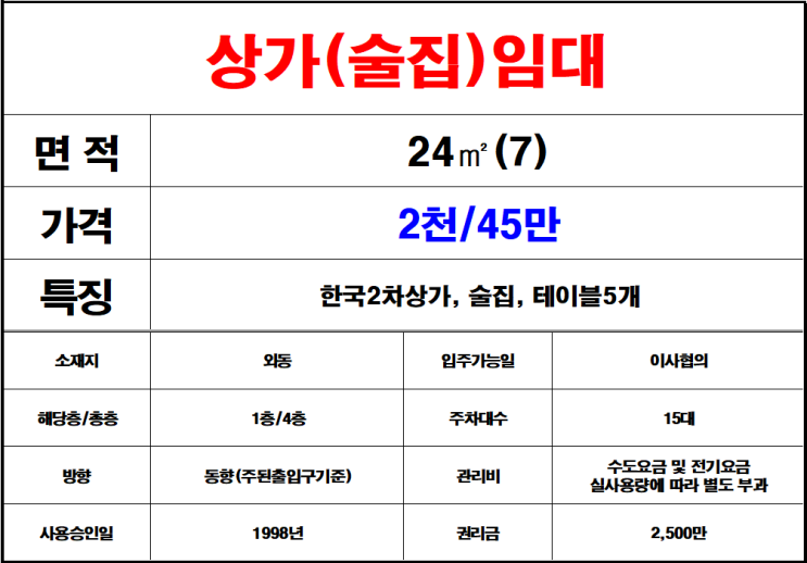  김해외동한국2차아파트상가임대,술집임대,호프집임대,소주방임대