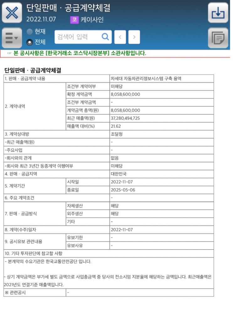  단일판매ㆍ공급계약체결2022.11.07코 케이사인