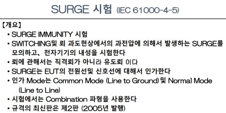  IEC61000-4-5 서지 규격 요약, 서지발생기 요약, 서지시험요약