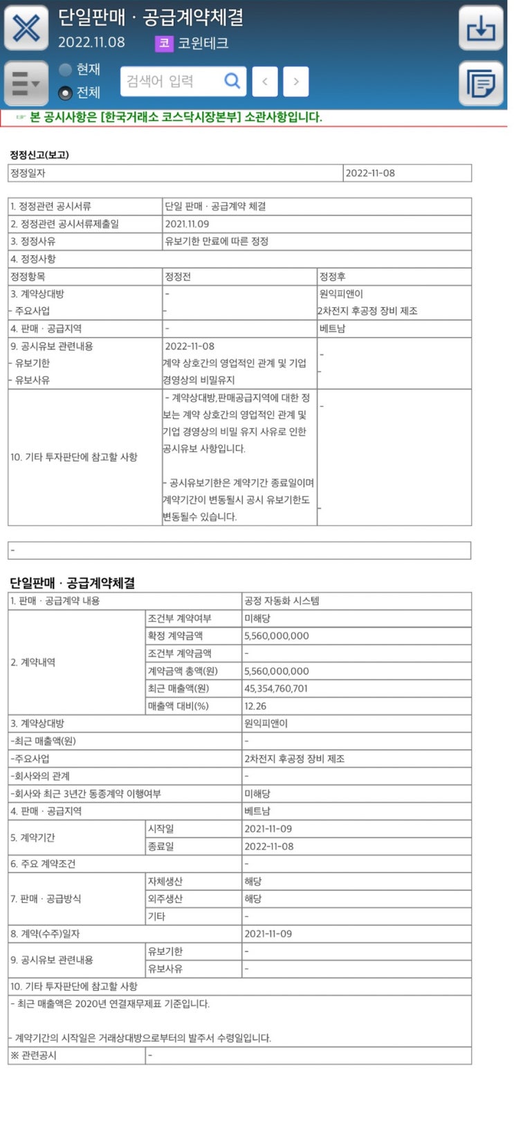  단일판매ㆍ공급계약체결2022.11.08코 코윈테크
