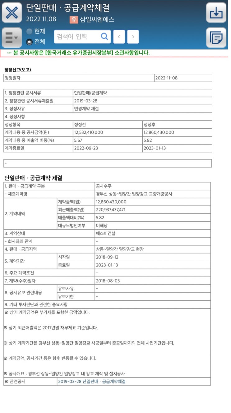  단일판매ㆍ공급계약체결2022.11.08유 삼일씨엔에스