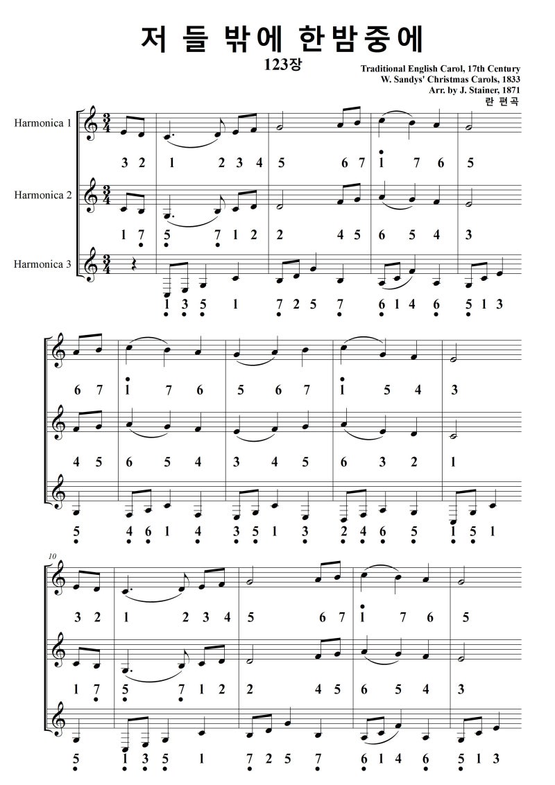 저 들 밖에 한밤중에 하모니카 3중주 다장조(C Major) 악보와 영상과 음원 : 네이버 블로그