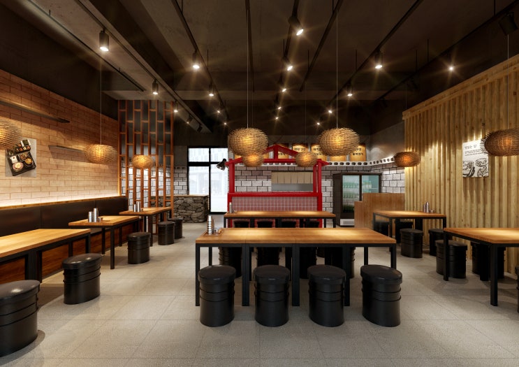 마감재, 가구, 소품 등으로 한국적이고 자연적인 분위기를 연출한 식당 인테리어 내부 투시도