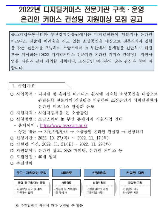 2022년 디지털커머스 전문기관 구축ㆍ운영(소담스퀘어 in 부산) 온라인 커머스 컨설팅 지원대상 모집 공고 2022년 디지털커머스 전문기관 구축ㆍ운영(소담스퀘어 in 부산) 온라인 커머스 컨설팅 지원대상 모집 공고