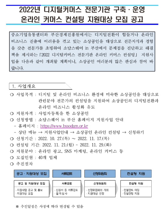 2022년 디지털커머스 전문기관 구축ㆍ운영(소담스퀘어 in 부산) 온라인 커머스 컨설팅 지원대상 모집 공고