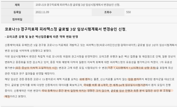 신풍제약 3상 임상시험계획서 변경 승인 신청