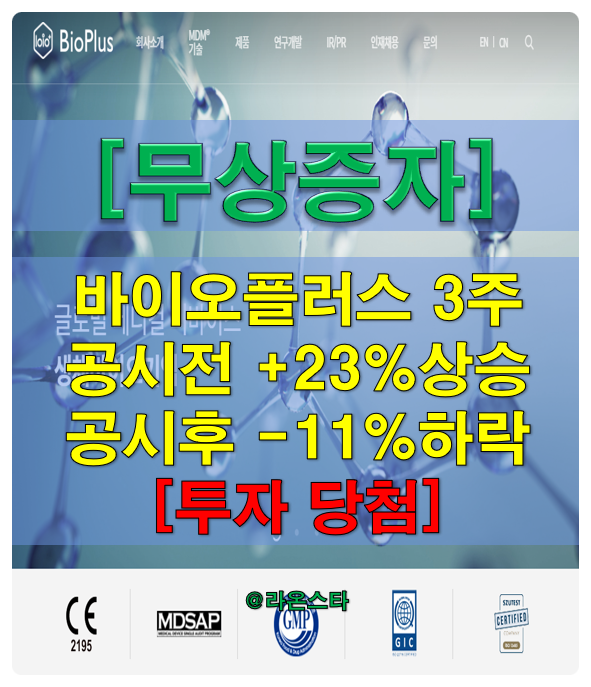 [무상증자] 바이오플러스 3주 배정하고, 공시전 주가 상승 +23%했으나, 재무가 아주 좋고 공시일에 -11% 하락으로 투자기회가 생겼다.[투자당첨]