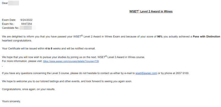  WSET Lv.2 시험 결과! (소믈리에 자격증)