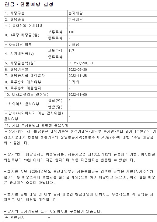 2022년3분기쌍용C&E배당금공시