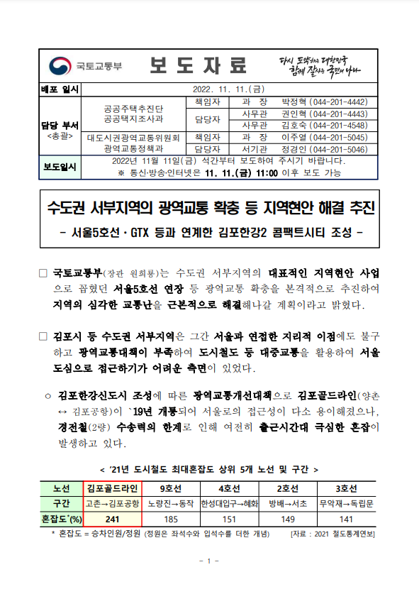  [보도자료] 11.11 국토부 수도권 서부지역의 광역교통 확충 현안