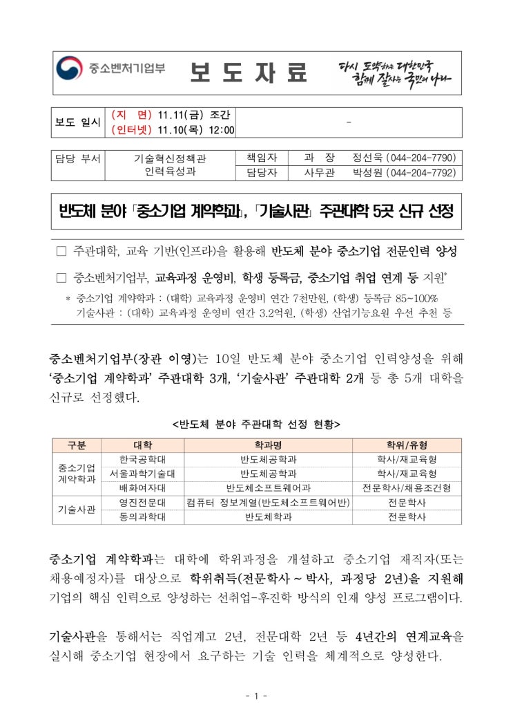 반도체 분야 「중소기업 계약학과」, 「기술사관」주관대학 5곳 신규 선정(중소벤처기업부) 반도체 분야 「중소기업 계약학과」, 「기술사관」주관대학 5곳 신규 선정(중소벤처기업부)