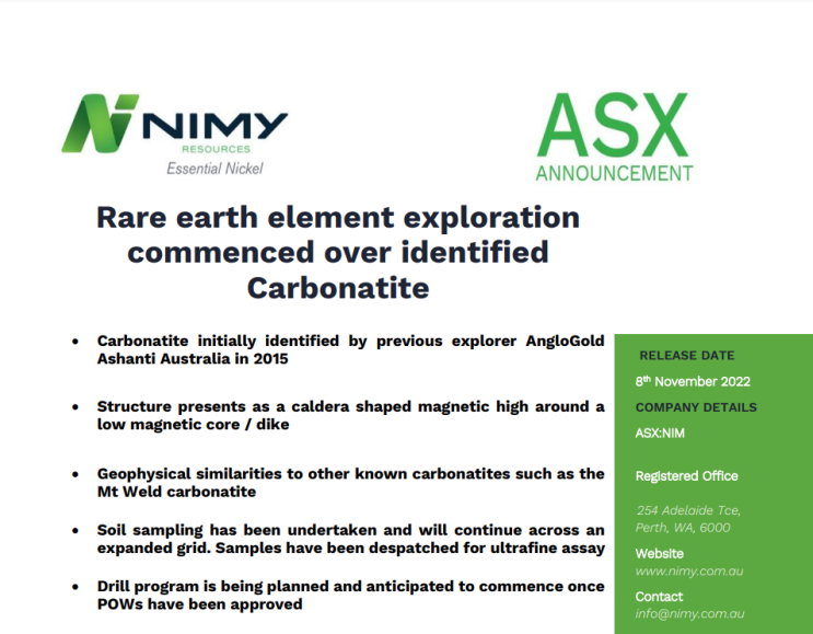 호주 희토류 탐사 회사 Nimy Resources, 희토류원소 탐사 개시 (Carbonatite)