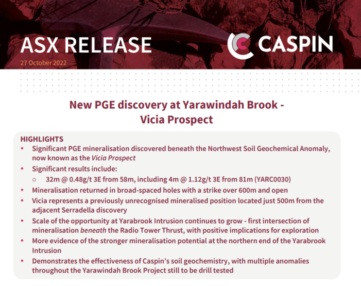 호주 니켈 탐사 회사 CASPIN Resources, 서호주 Vicia 프로젝트 새로운 PGE(백금족 원소) 광상 발견
