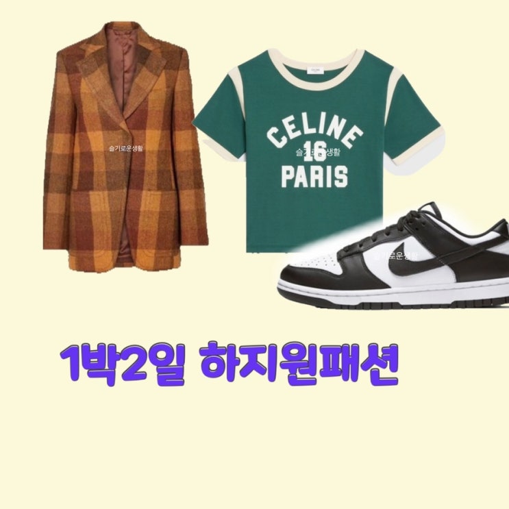  하지원 1박2일 150회 시즌4 자켓 체크 Celine 티셔츠 반팔 운동화 나이키 범고래 옷 패션