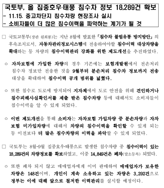 국토부, 올 집중호우·태풍 침수차 정보 18,289건 확보(11.15. 중고차단지 침수차랑 현장조사 실시) 국토부, 올 집중호우·태풍 침수차 정보 18,289건 확보(11.15. 중고차단지 침수차랑 현장조사 실시)
