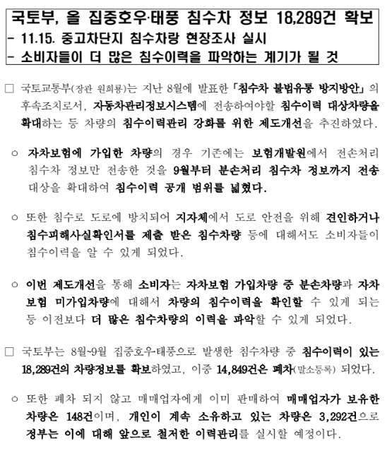 국토부, 올 집중호우·태풍 침수차 정보 18,289건 확보(11.15. 중고차단지 침수차랑 현장조사 실시)