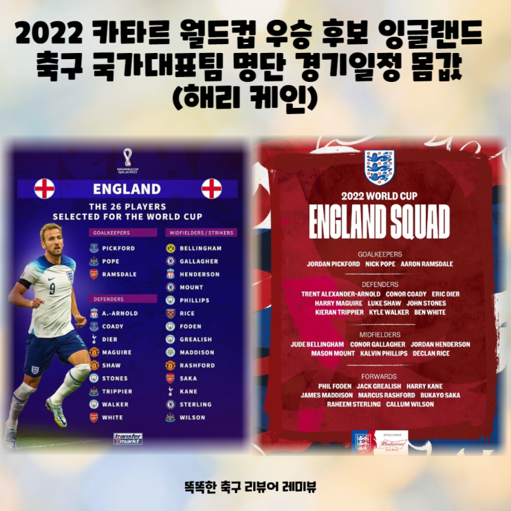 2022 카타르 월드컵 우승 후보 잉글랜드 축구 국가대표팀 명단 경기일정 몸값 (해리 케인)