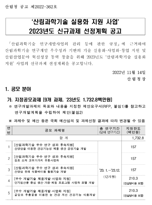 2023년 산림과학기술 실용화 지원사업 신규과제 선정계획 공고 2023년 산림과학기술 실용화 지원사업 신규과제 선정계획 공고