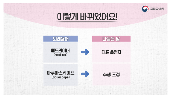 국립국어원 새말모임 다듬은 말 마련(헤드라이너는 대표 출연자로)_문화체육관광부 국립국어원 새말모임 다듬은 말 마련(헤드라이너는 대표 출연자로)_문화체육관광부