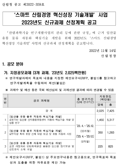 2023년 스마트 산림경영 혁신성장 기술개발 사업 신규과제 선정계획 공고 2023년 스마트 산림경영 혁신성장 기술개발 사업 신규과제 선정계획 공고