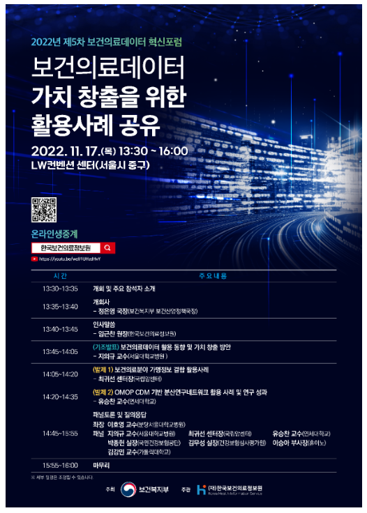 보건의료데이터 가치 창출을 위한 활용사례 공유(2022년 제5차 보건의료데이터 혁신 토론회(포럼) 개최11.17.)_보건복지부 보건의료데이터 가치 창출을 위한 활용사례 공유(2022년 제5차 보건의료데이터 혁신 토론회(포럼) 개최11.17.)_보건복지부