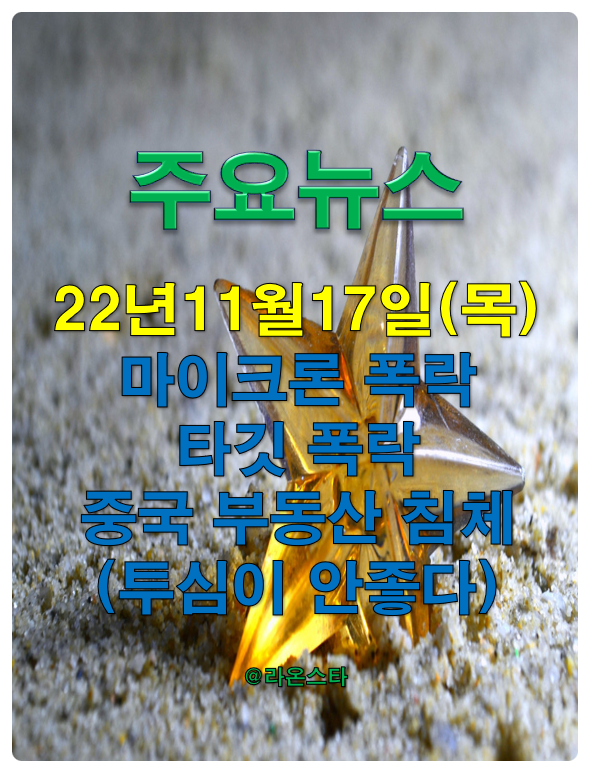 [주요뉴스] 22년 11월 17일(목)...마이크론의 반도체 칩 수요 지연으로 폭락, 디플레이션으로 타깃 폭락, 중국 부동산 침체 등 투심이 안 좋다.