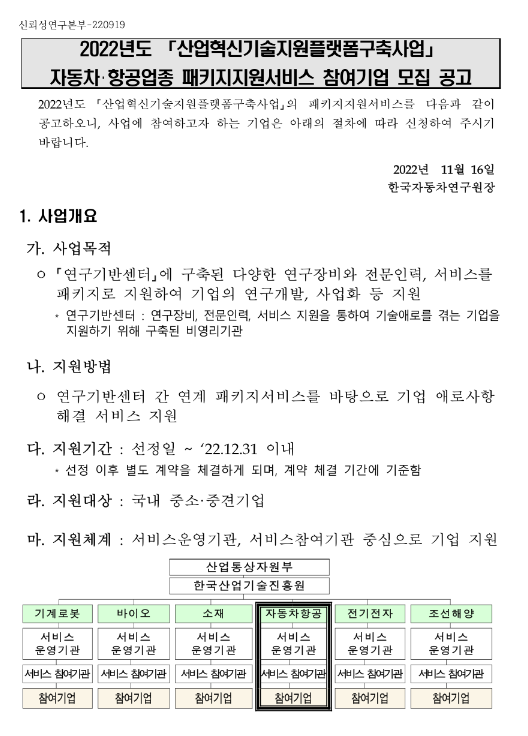 2022년 4차 자동차ㆍ항공업종 패키지지원서비스 참여기업 모집 공고(산업혁신기술지원플랫폼구축사업)