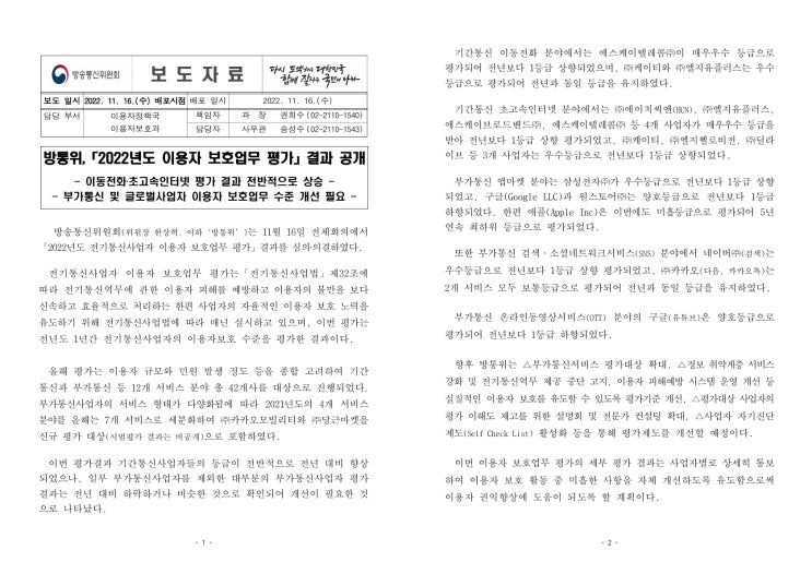 방통위,「2022년도 이용자 보호업무 평가」결과 공개(방송통신위원회) 방통위,「2022년도 이용자 보호업무 평가」결과 공개(방송통신위원회)