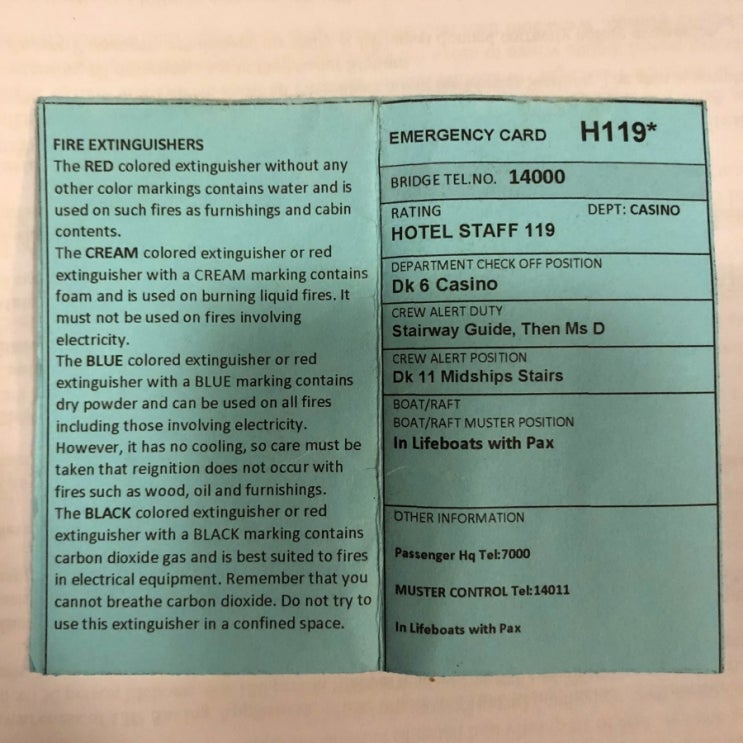  크루즈 승무원의 블루 카드, Emergency card에 대해 알아보자