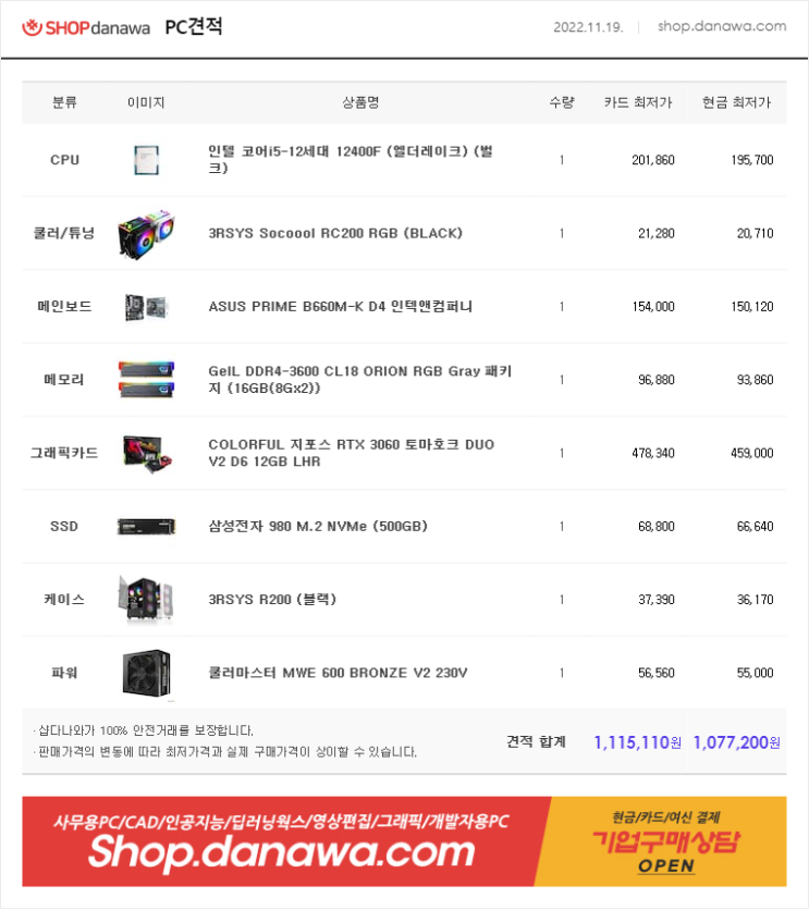 오버워치2 풀옵션 거제 컴퓨터 조립PC 다나와최저가 견적 2011.11.21